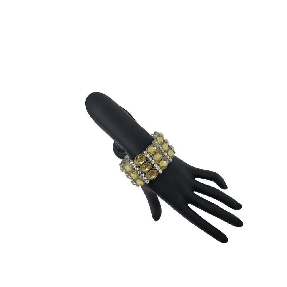 Wide Chunky Stretch Bracelet Faux Yellow Citrine‎ AB Rhinestone Plastic Glam